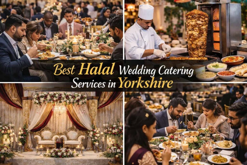Elegant halal wedding catering setup in Yorkshire with beautifully decorated wedding stage and guests enjoying authentic Arabic and Syrian cuisine by Bab Tooma Catering