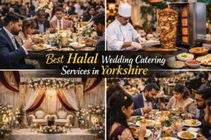 Elegant halal wedding catering setup in Yorkshire with beautifully decorated wedding stage and guests enjoying authentic Arabic and Syrian cuisine by Bab Tooma Catering