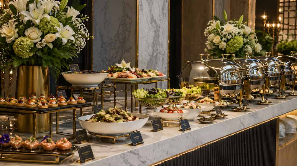 Elegant catering buffet setup with premium food presentation