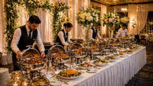 High-end buffet display with professional catering setup