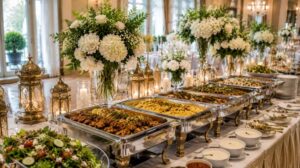 Luxury wedding catering buffet with gourmet halal dishes, floral decorations, and elegant banquet setup for events in Bradford and Leeds UK