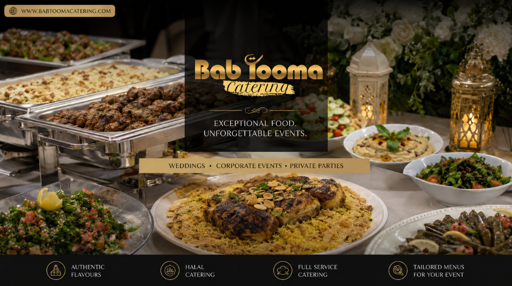Elegant luxury catering buffet setup with halal Middle Eastern cuisine for weddings, corporate events, and private parties in Bradford and Leeds UK