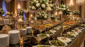 Elegant luxury event catering setup with gourmet buffet, floral decorations, and premium banquet presentation for weddings and corporate events in Bradford and Leeds UK