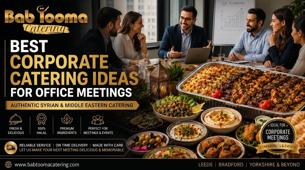 Professional corporate office meeting with authentic Syrian and Middle Eastern catering buffet by Bab Tooma Catering, featuring halal grilled platters, mezze, salads, and business professionals enjoying a productive meeting.