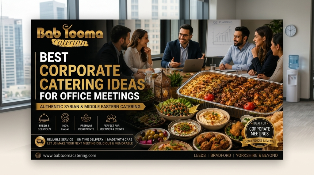 Professional corporate office meeting with authentic Syrian and Middle Eastern catering buffet by Bab Tooma Catering, featuring halal grilled platters, mezze, salads, and business professionals enjoying a productive meeting.