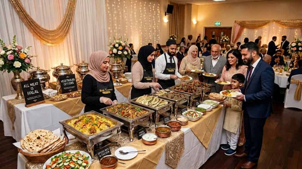 Guests enjoying an authentic halal family catering buffet by Babtooma Catering at a private event in Bradford, featuring Middle Eastern cuisine, professional buffet service, and freshly prepared halal dishes.