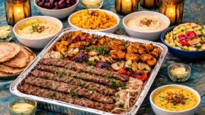 Authentic halal family catering setup featuring Middle Eastern grilled kebabs, Syrian rice, hummus, fresh salad, and traditional dishes for a private family event in Bradford.