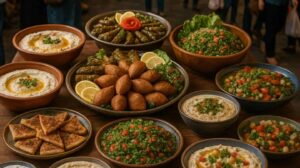 Authentic Middle Eastern mezze platter featuring kibbeh, hummus, tabbouleh, stuffed vine leaves, fatayer, and fresh salads served for a halal family event in Bradford.
