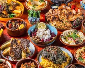 Authentic Middle Eastern food with grilled chicken, rice, hummus, salads and traditional dishes