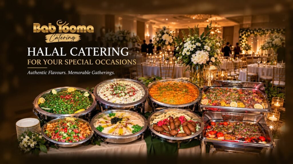 Halal catering buffet by Bab Tooma Catering featuring Middle Eastern dishes, salads, hummus, grilled meats and rice for special events.